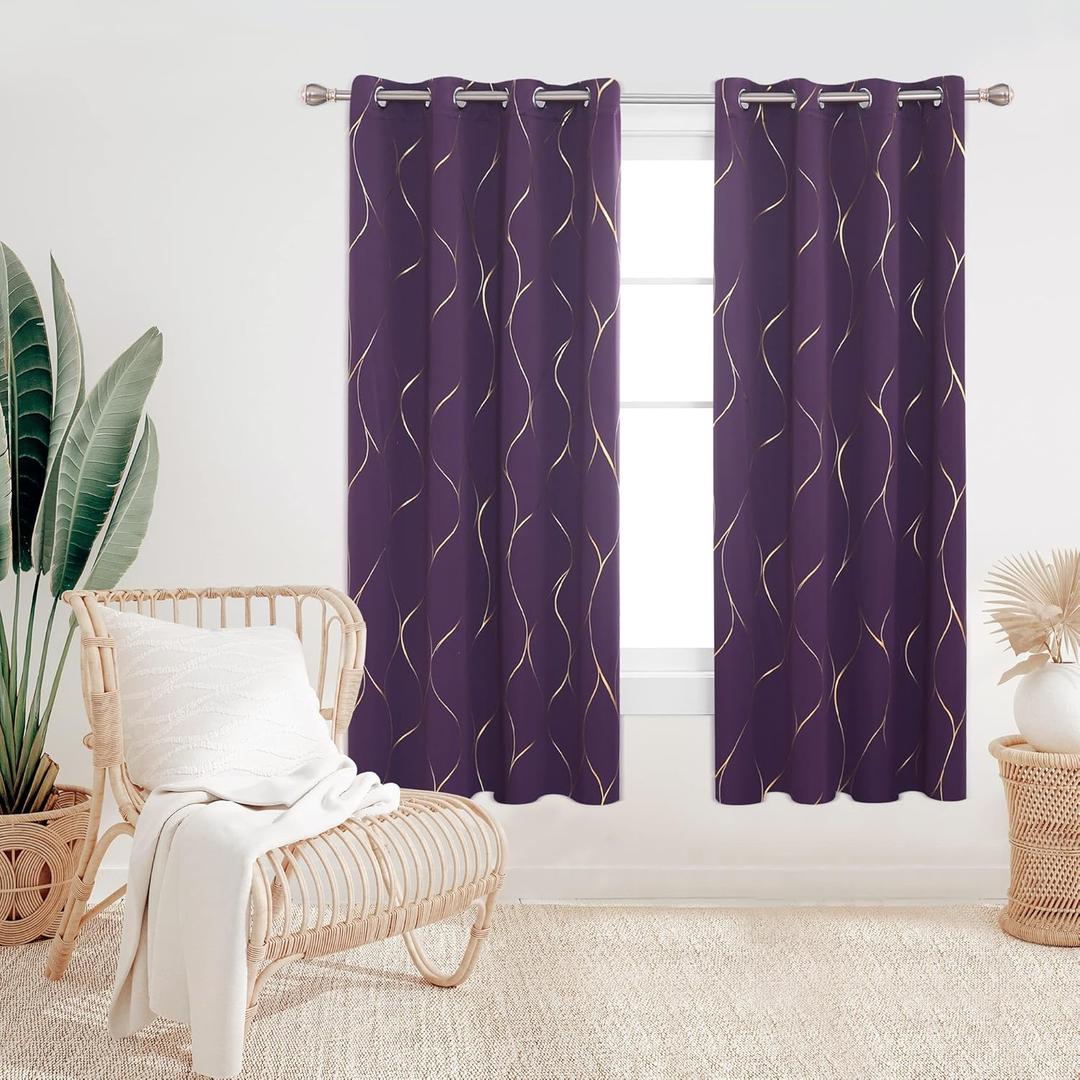 Deconovo Grommet Blackout Curtains, Noise Reducing Gold Foil Wave Print Curtain, 52W x 72L Inch, Purple Grape, Set of 2 Panels, Room Darkening Thermal Insulated Drapes for Living Room