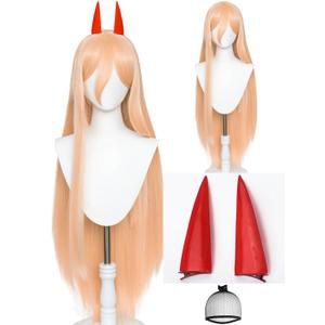 Half and Half Power Cosplay Wig 39'' Long Straight Anime Orange Wigs with Bangs + Horn Hairpins + Wig Cap for Women Halloween Costumes Party