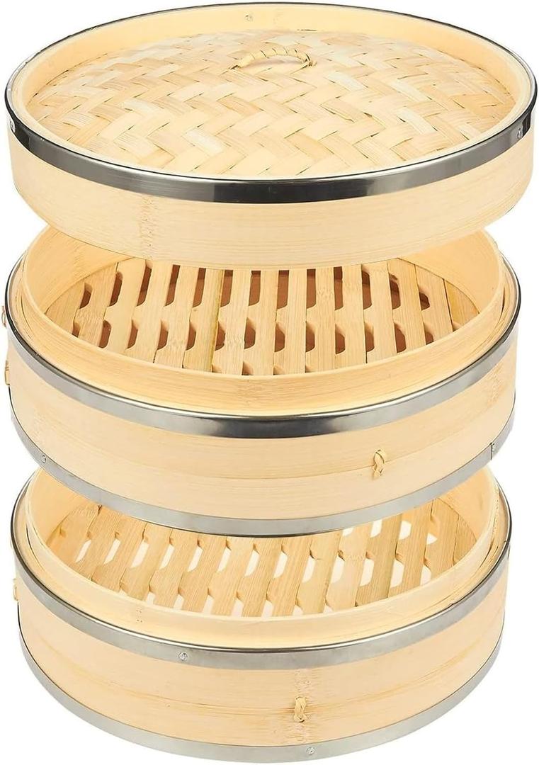 Juvale 2-Tier Steamer Pot Insert with Steel Rings - 10" x 6.5", Beige - Bamboo & Steel Stackable Basket for Rice & Dumpling Steamer for Vegetables