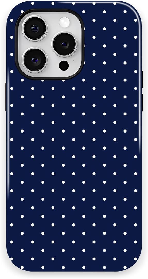 Trendy Cute Hybrid 2 Layer Navy Blue Polka Dot Phone Case For iPhone 15, Navy