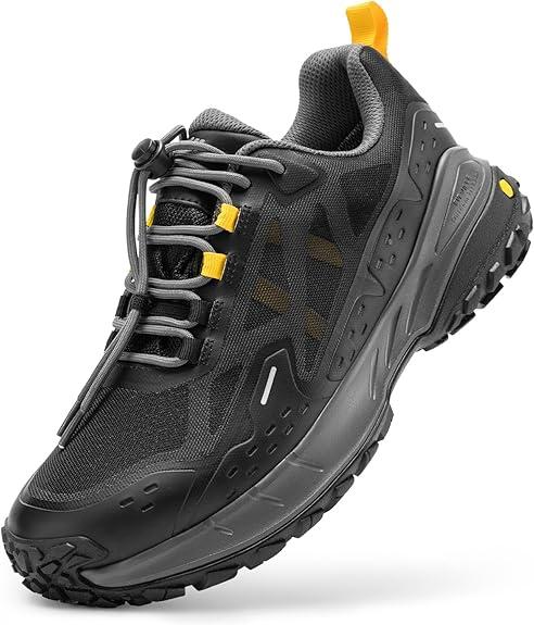 FitVille Men Waterproof Hiking Shoes Extra Wide Walking Shoes Slip-Resistant Trekking Trainers All-Terrain Quick Lace Sneakers for Travel, Camping, Running, 9.5, Black/Grey