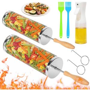 Rolling Grilling Baskets 2 PCS, Stainless Steel BBQ Net Tube Baskets with Oil Sprayer BBQ Accessories Tools for Vegetable Fish Meat Food Camping, Gifts for Men Dad and Husband