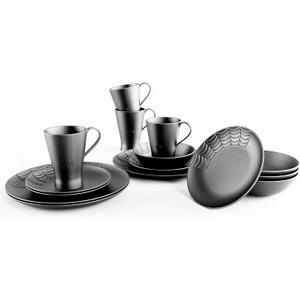 Nomnu Spiderweb Dinnerware Set (16 Pieces) - Goth Dinnerware Set - Black Matte Porcelain - 4 Dinner Plates 4 Salad Plates 4 Bowls 4 Mugs - Halloween Spooky Dishes Gothic Kitchen Decor Gifts