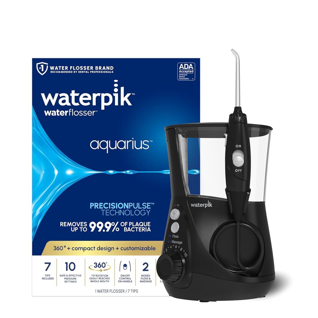 Waterpik Aquarius Water Flosser For Teeth Cleaning, Gums, Braces, Dental Care, Electric Power With 10 Settings, 7 Tips For Multiple Users And Needs, ADA Accepted, Black WP-662