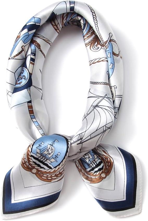 ANDANTINO 100% Mulberry Silk Square Scarf for Hair-25.6" X25.6'' Women Men Natural Silk Neckerchief Digital Printed Headscarf (White & Blue)