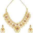 Aheli Beautiful Wedding Wear Indian Laxmi Goddess Faux Stone Studded Floral Design Crafted Necklace Earrings Set Ethnic Fashion Jewelry Gift for Women