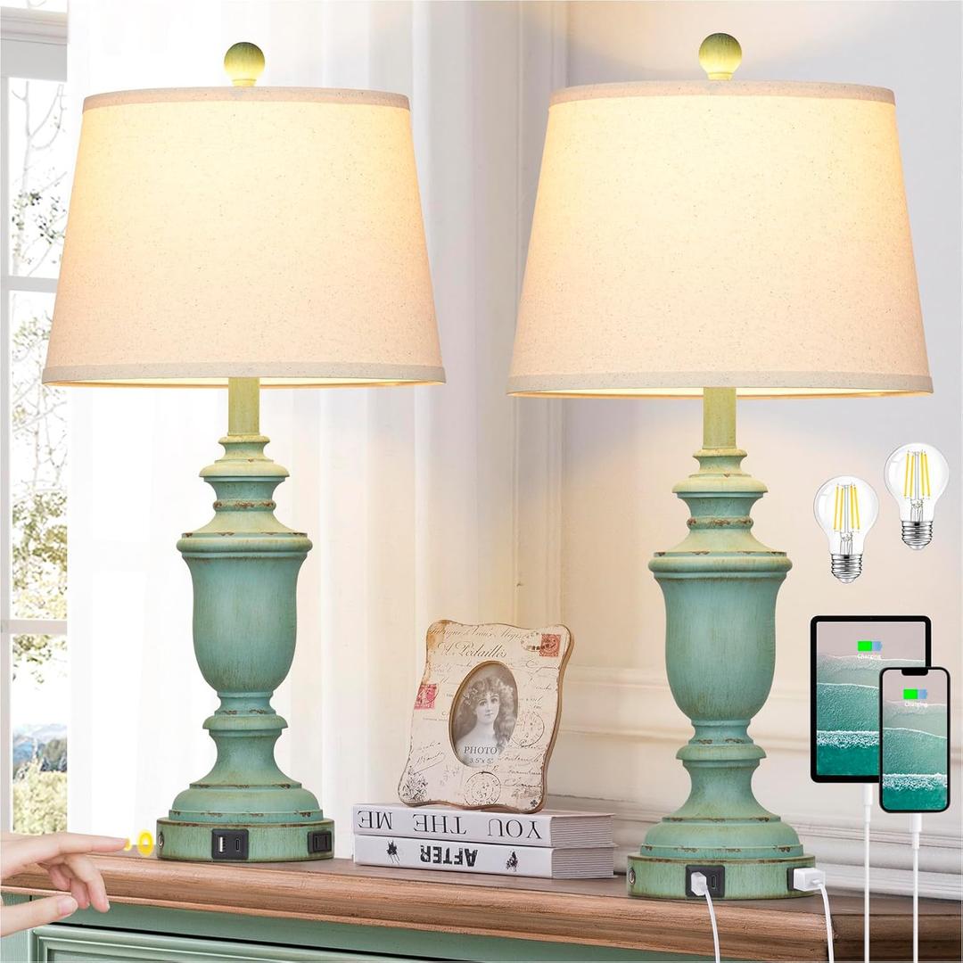 25.6" Farmhouse Table Lamps Set of 2 with USB C+A Ports & AC Outlet for Rustic Living Room Retro Bedroom,3-Way Dimmable Touch Lamp Bedside Lamps for Nightstand Side End Table,Retro Green