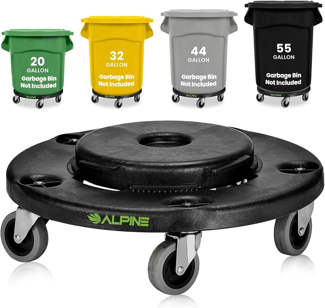 Alpine Rolling Brute Trash Can Dolly - Trash Can Dolly with Wheels/Trash Can Roller Base for Round 20, 32, 44, or 55 Gallon Garbage Bins, Heavy Duty Holds Up to 500lbs (Black)