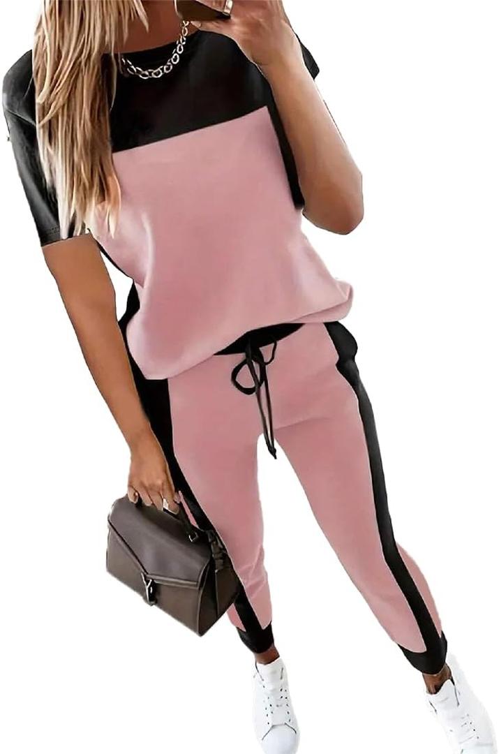 HBQ Women's Color Block 2 Piece Outfits Summer Travel Tracksuit Short Sleeve Tops High Waisted Jogger Pants Lounge Sets-Pink-(S)