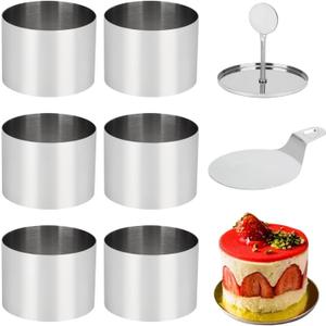 6 Pack Cake Ring Molds with 1 Pusher 1 Lifter, 3 Inch Seamless Mini Cheese Cake Cutter Ring Set, Stainless Steel Mini Food Mold for Mousse, Food Plating, Cookies, Baking (Round)