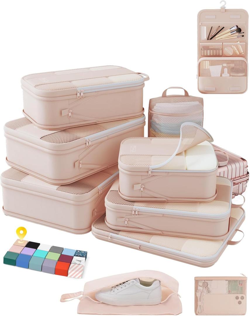 10 Set Compression Packing Cubes for Travel Women Mom,OlarHike Luggage Clothes Storage Gifts for Travelers,Airplane/Cruise/Car/Train Travel Essentials,Compressible Expandable Saver Space Bags(Beige)