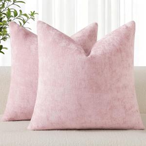 decorUhome Chenille Blush Pink Summer Throw Pillow Covers 18x18 Inch Set of 2, Decorative Soft Couch Pillow Covers Solid Dyed Accent Farmhouse Neutral Square Pillow Cases for Sofa