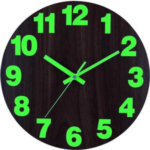 Plumeet Night Light Wall Clock, 16 Inch Wooden Glow in the Dark Clock for Bedroom, Extra Large Silent Lighted up Wall Clock Luminous Numerals and Hands, Battery Operated for Living Room/Kitchen, Brown