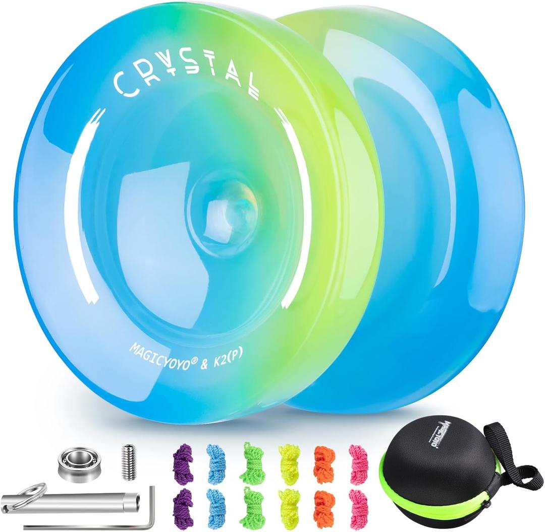 Yoyo K2 Crystal - Professional Responsive Yoyo for Kids 8-12, Dual Purpose Yo Yo for Adults Advanced + Extra Unresponsive Bearing + 12 Yo-yo Strings+Storage Bag + Removal Tool ( SkyBlue Yellow)