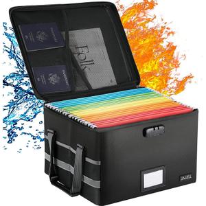 File Box with Lock, Fireproof Document Box File Organizer with Zipper & Adjustable Handle, Collapsible File Storage Box for Home Office, Filing Cabinet for Hanging Letter/Legal Folder (Black)