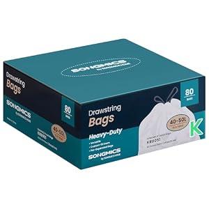 SONGMICS Trash Bags, Drawstring Kitchen Garbage Bags, Pre-Separated, Quick-Dispense Box, for 13-Gallon (50 L) Trash Cans, Liner Code K, 2 Rolls, 80 Count, White UKRB051A02