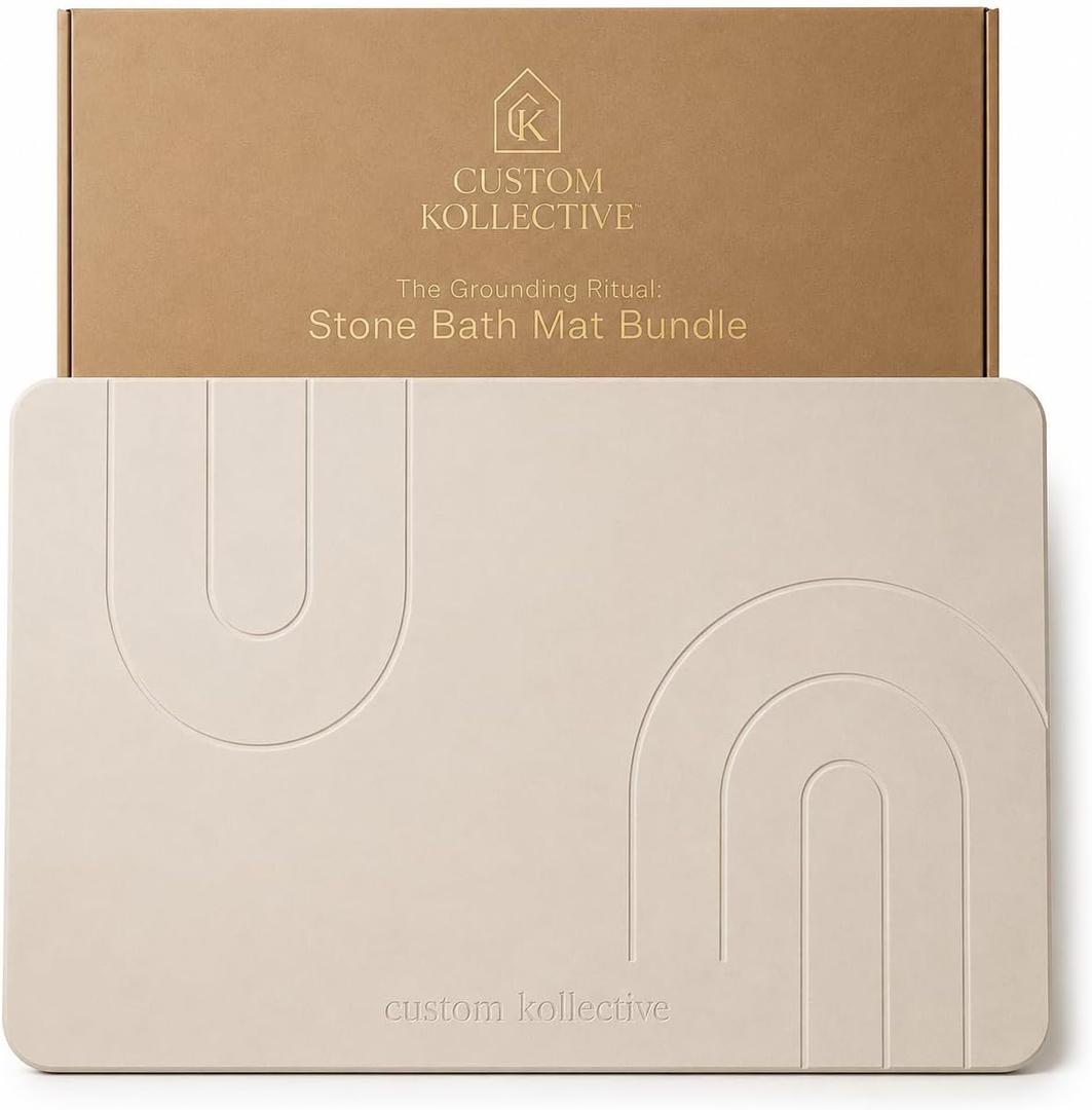 Custom Kollective Stone Bath Mat Ritual Bundle Diatomite Quick Dry Bath Mat for Bathroom, Stone Drying Mat, Non-Slip Pad, Brush, Polishing Pad & Storage Bag (Grounding Sandstone), 23.6" x 15.4"