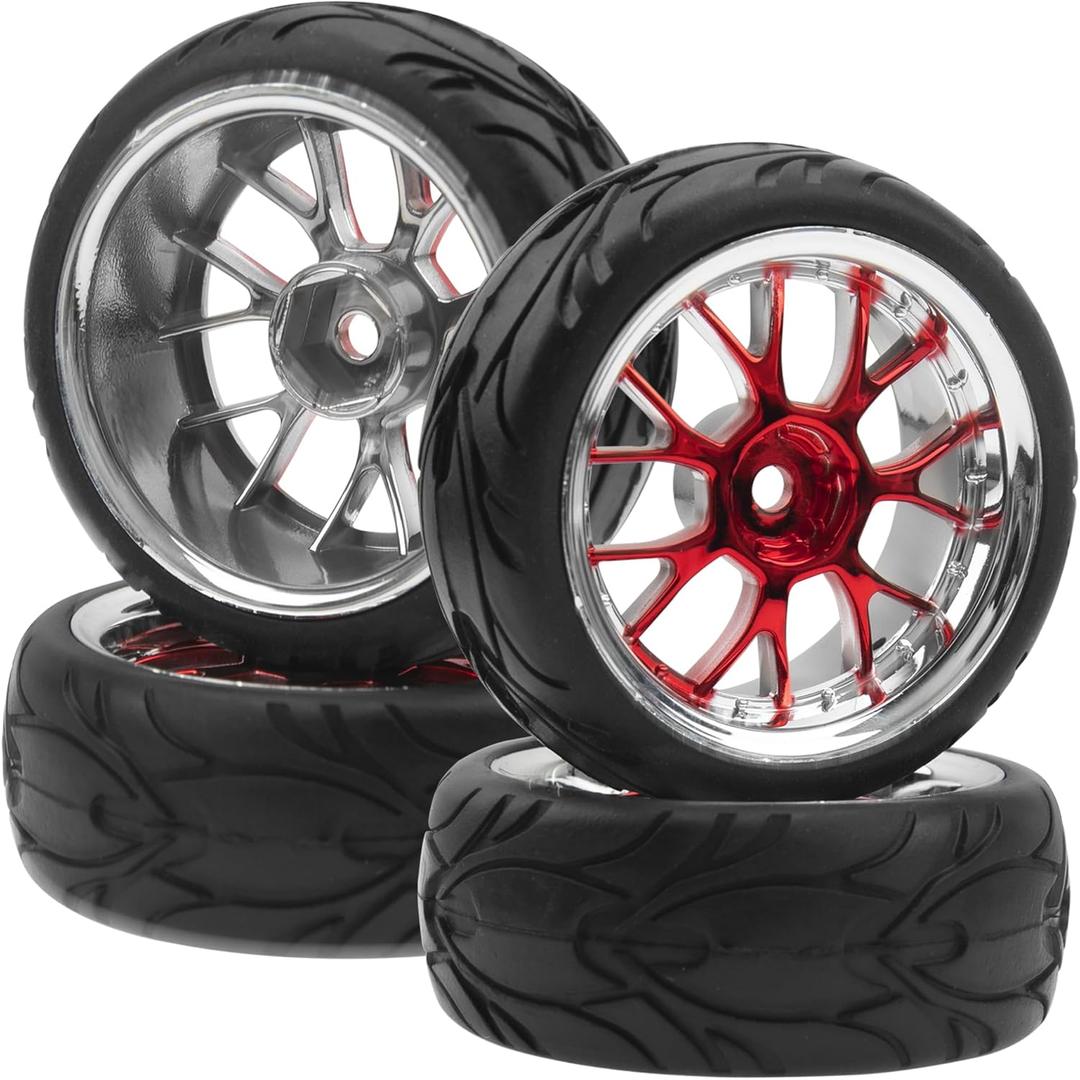 ShareGoo Plastics Wheel Rims w/Rubber Tire RC 12mm Hex Hub Compatible with HSP Tamiya XV01 TT01 Kyosho Traxxas Sakura WLtoys HSP 3Racing 1/10 RC On-Road Racing Touring Car (Red)