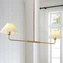 Modern 2 Light Linear Chandeliers for Dining Room, Gold Linear Light Fixture with White Pleated Fabric Shade,Traditional Pendant Lights for Kitchen Island,Restaurant