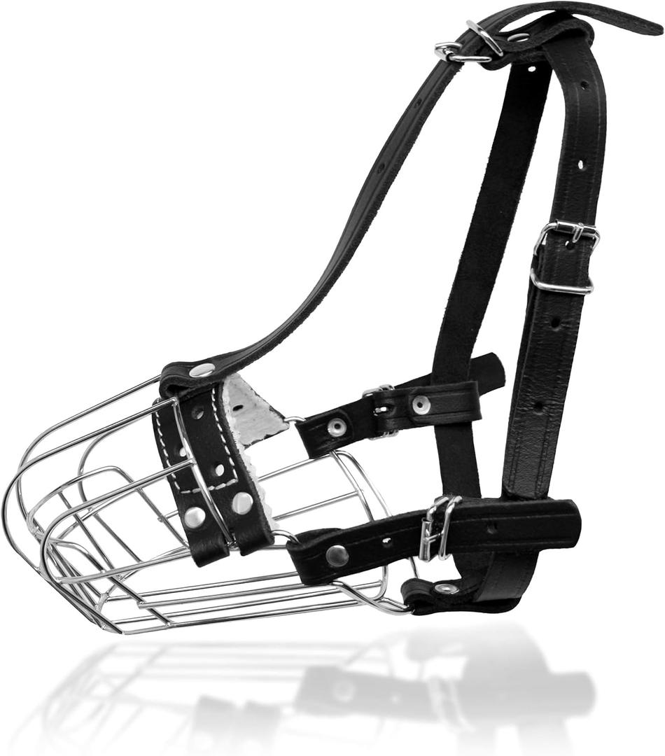 Dog Chrome Metal Muzzles Wire Basket Adjustable Leather Straps (#4) Circumference is 9.4-11 in, Length is 3.1-3.5 in