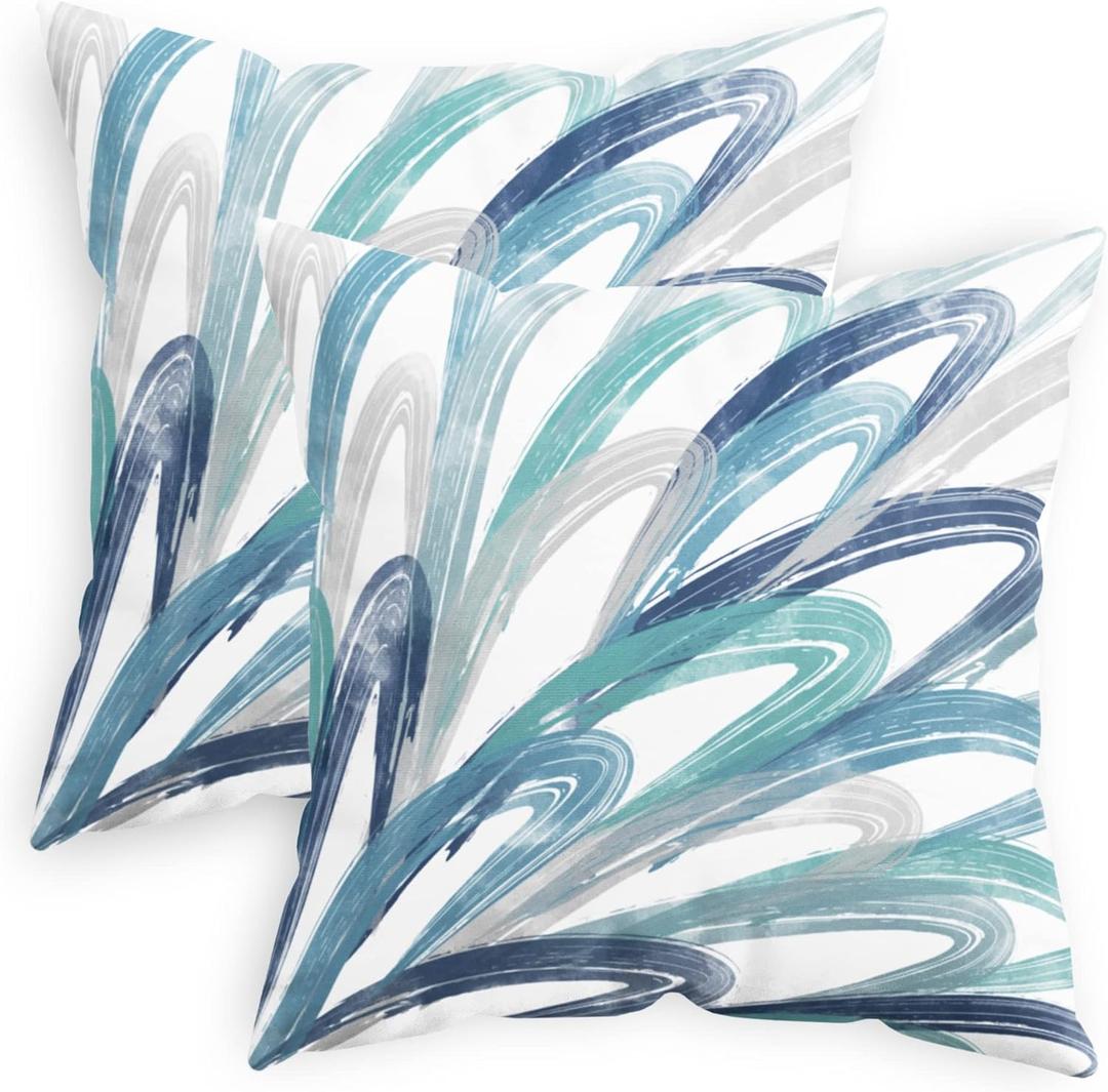 CaliTime Throw Pillow Cases Pack of 2 Cozy Fleece Two-Tone Abstract Feather Decorative Cushion Covers for Couch Bed Sofa Farmhouse Decoration 16 X 16 Inches Teal Green Navy Somke Blue Grey
