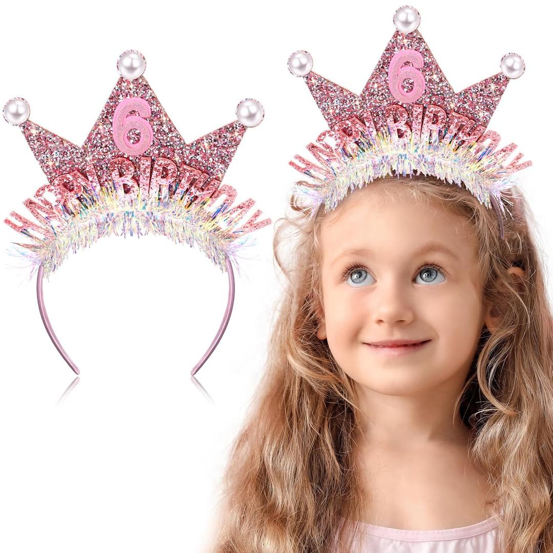 Zeyune 6th Birthday Crown Headband for Girls, Princess Tiara Glitter Pearl Hair Band, Happy Birthday Decorations and Gifts Hair Accessories for 6 Year Old Party