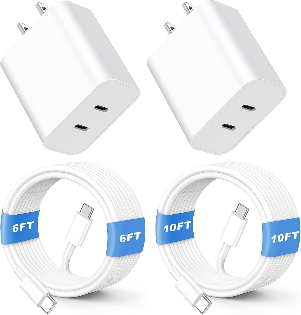 Phone 16 15 Charger Fast Charging, 2 Pack 20W Dual Port Speed Charger USB C Charger Block with 10FT/6FT Long USB C to C Charging Cable Cord Compatible with iPhone 15 16 Pro/Plus/Pro Max, Pad Pro, White
