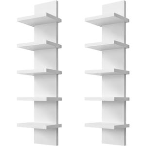2 Pack 5 Tier Wall Shelf Unit - Narrow Smooth Laminate Finish - Vertical Column Wall Decor Mount Floating Storage Home Decor Organizer Tall Tower Utility Shelf for Bedrooms, Living Rooms(White)