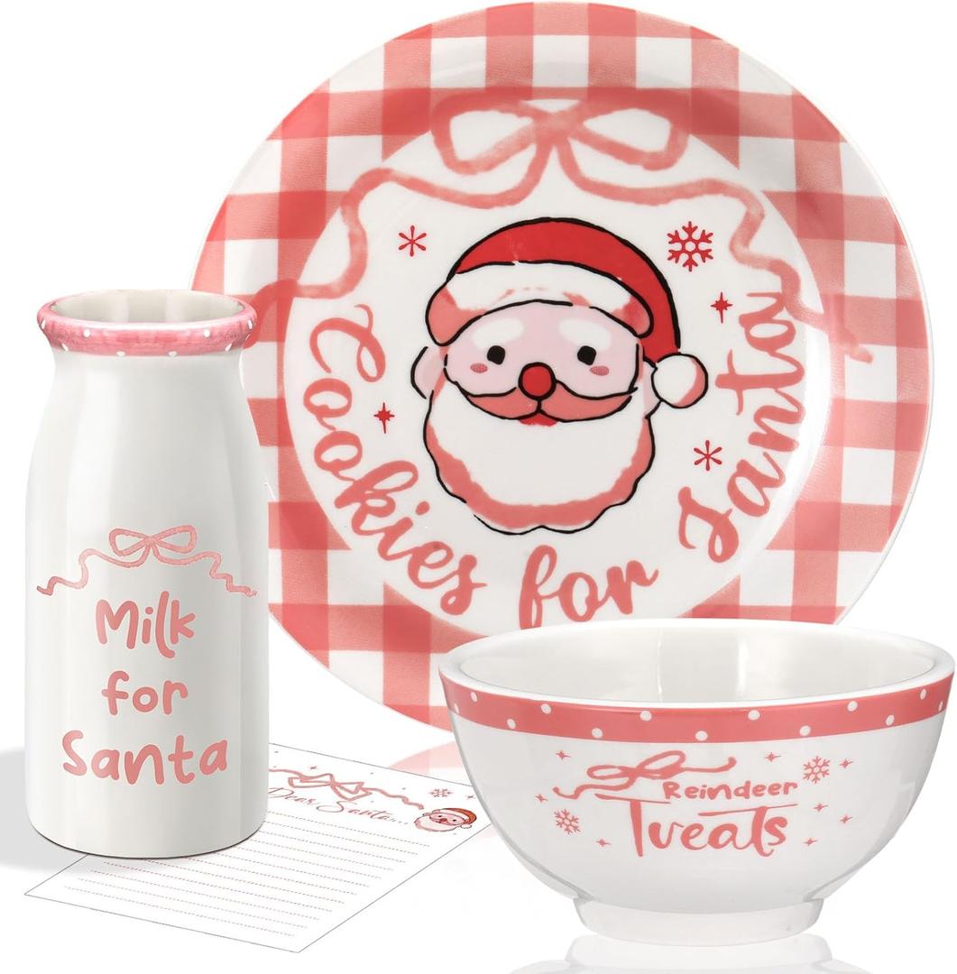 Nitial Christmas Cookies for Santa Plate Christmas Dinnerware Set Cookies for Santa Plate Set with Milk Jar, Reindeer Treat Bowl, and Dear Notepad Eve Gift for Kids (Pink Buffalo Plaid)