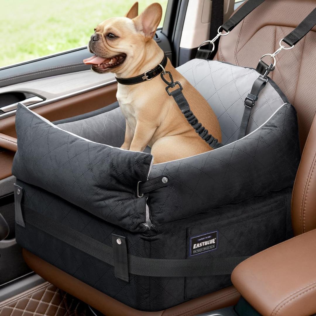 EASTBLUE Dog Booster Car Seat: Elevated Car Seat for Small Medium Dogs 0-35 lbs Washable & Safety Dog Travel Bed with Memory Foam Cushions for Pet Puppy Cat (Black/Grey-Velvet)