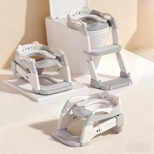 Potty Training Seat, Upgrade Toddler Toilet Seat for Kids Boys Girls, 3 in 1 Potty Training Toilet with Step Stool Ladder-Non Slip Foldable (Gray+White)