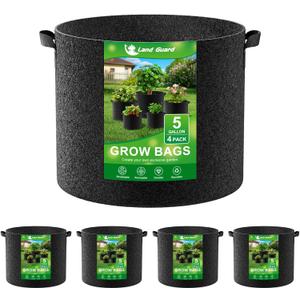 Land Guard 4-Pack Fabric Grow Bags 5 Gallon, Thickened Nonwoven Garden Pots, Growing Bags with Handles, Black