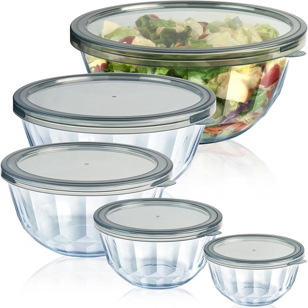 Freshmage Mixing Bowls with Airtight Lids Sets, 5 Packs Thick Glass Nesting Bowls for Kitchen Baking, Meal Prepping, Bpa Free, Dishwasher Safe, 0.5/0.8/1.6/2.7/4.4 Qt