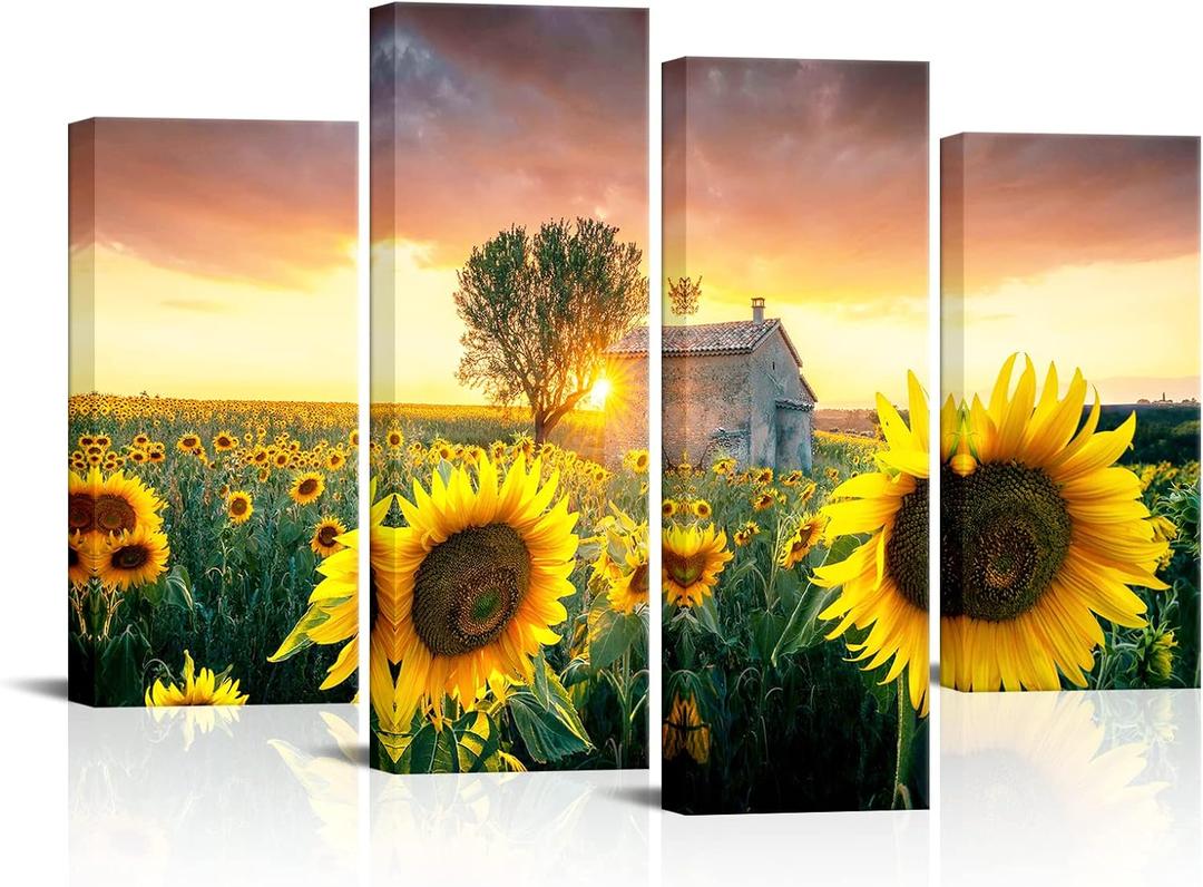 Biuteawal Sunflower Canvas Wall Art Decor 4 Pieces Sunset Landscape Paintings Print Yellow Flower Framed Picture Botanical Field Artwork for Living Room Home Kitchen Bathroom Farmhouse Decorations, 12x24inchx2pcs+12x32inchx2pcs