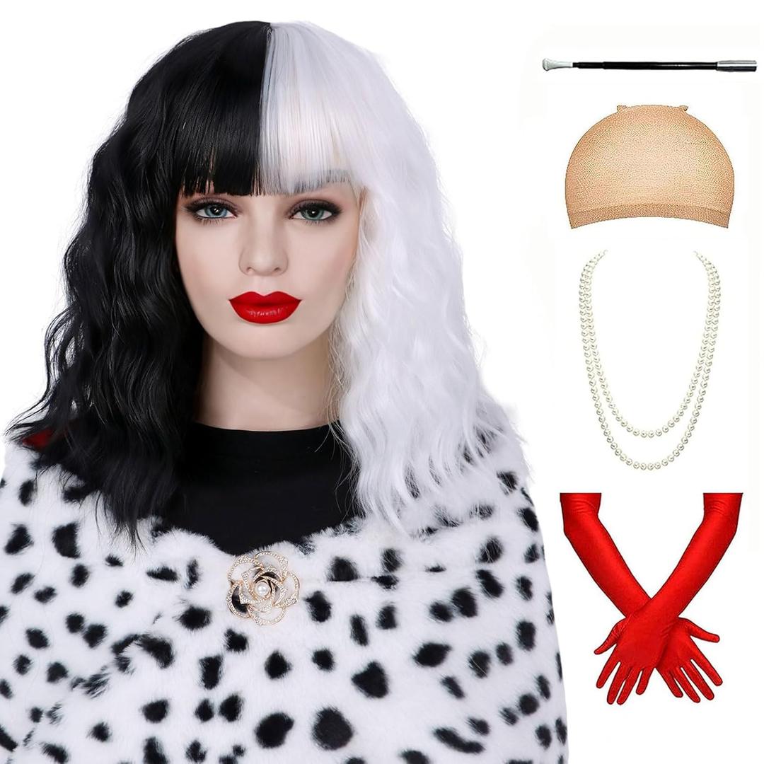 Half Black Half White Wig Costume Short Curly Wavy Bob Wigs With Bangs Synthetic Wavy Bob Wigs For Party Cosplay Halloween(Black and White)
