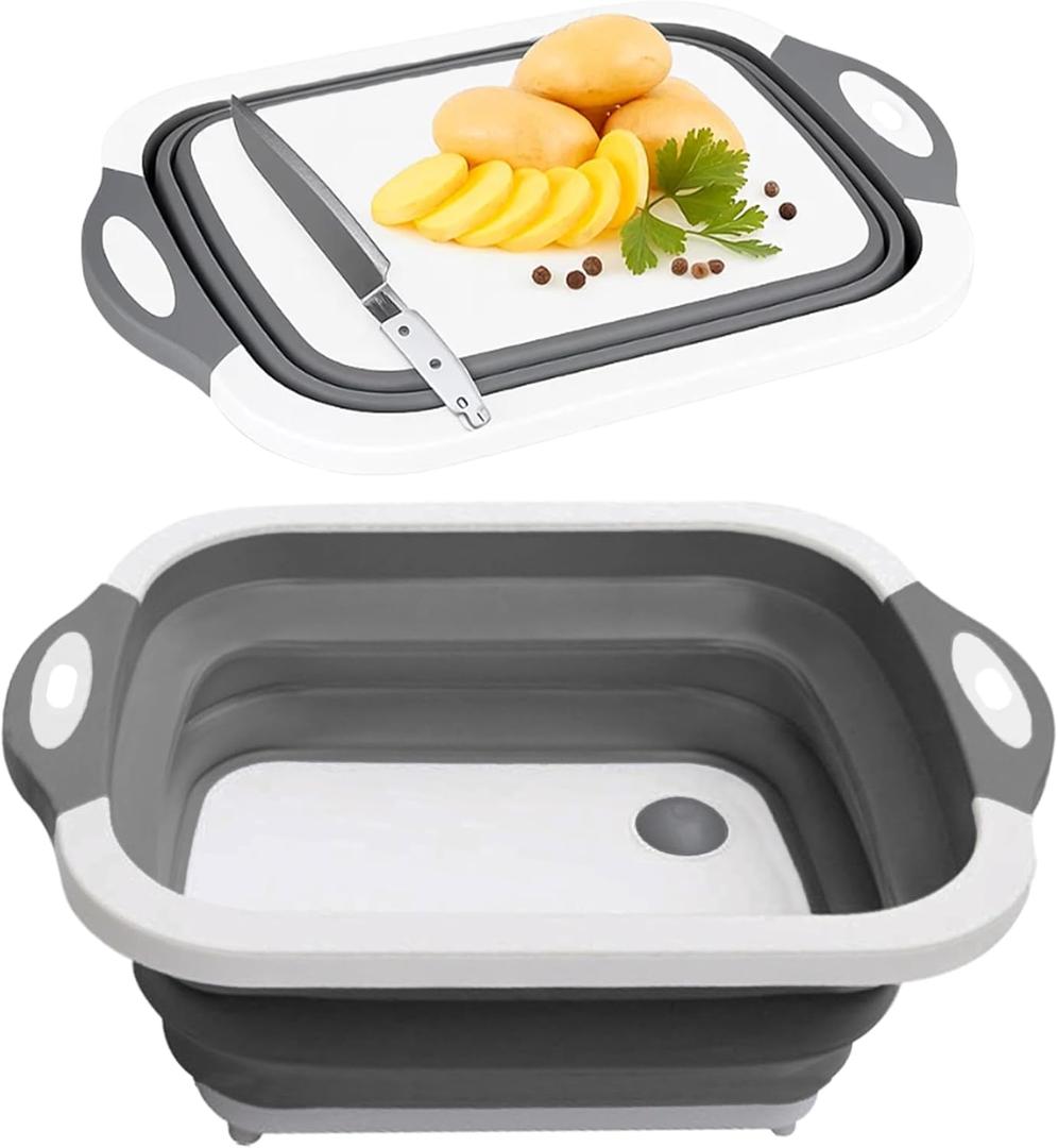 SSKT 3-in-1 Collapsible Cutting Board Multifunctional Kitchen Sink Tub Basin with Drain, Chopping Board & Washing up Bowl Space-Saving & Portable for Kitchen, Camping, RV, & Outdoor Use (Grey)