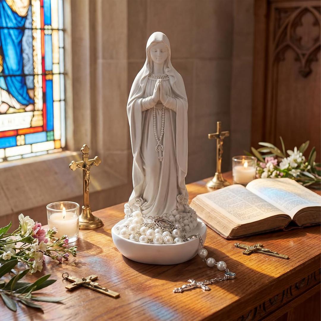 Qunclay Virgin Mary Rosary Necklace Holder 7.8" H Virgin Mary Statue Our Lady of Lourdes Statue with Cross Rosary Blessed Catholic Figure Gifts for Women Religious Home Decor(White)