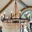 Wellmet Beaded Chandelier Boho Light Fixture 38", Black Farmhouse Dining Room Chandelier Pendant Lights, French Country Candle Wagon Wheel Chandelier Hanging Ceiling Light Fixture for Staircase Foyer