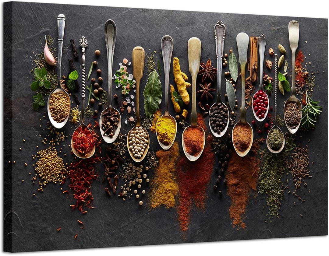 iHAPPYWALL Large Kitchen Pictures Wall Decor Couful Spice in Spoon Vintage Canvas Wall Art Food Photos Painting On Canvas Stretched and Framed for Home Decoration Gift Ready to Hang 24x36inch
