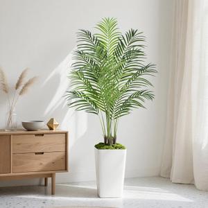 5ft Artificial Palm Tree with White Planter-Tall Artificial Indoor Plants, Fake Tropical Palm Tree, Faux Silk Plants for Home Office Living Room Bedroom Modern Decor