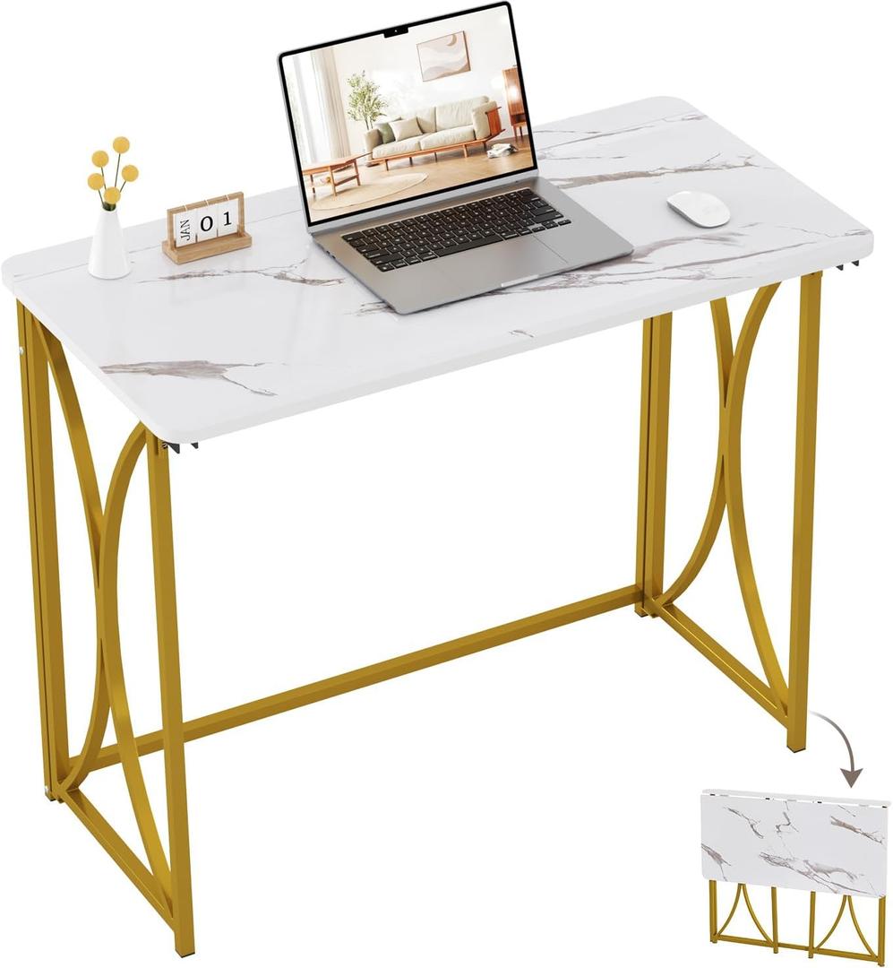 Folding Desk, 31.5" Small Desk for Bedroom, Space Saving Foldable Computer Desk for Home Office, Easy Assembly, White and Gold