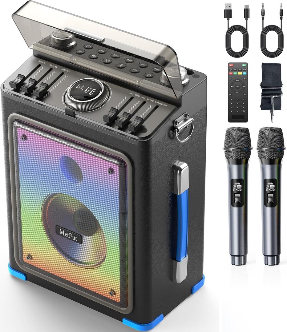 Metfut Professional Karaoke Machine for Adults with Bluetooth 5.3, 2 Wireless Mics, Portable Wooden Speaker PA System with Bass/Treble Adjustment for Backyard, Home Parties and Camping-Blue