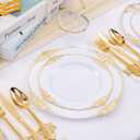 Hioasis 350pcs White and Gold Plates - White Party Plates for 50 Guest, Include 100 Heavy-duty Plates(20% Thicker Than Standard), 150 Cutlery Set, 50 Napkin, 50 Cups