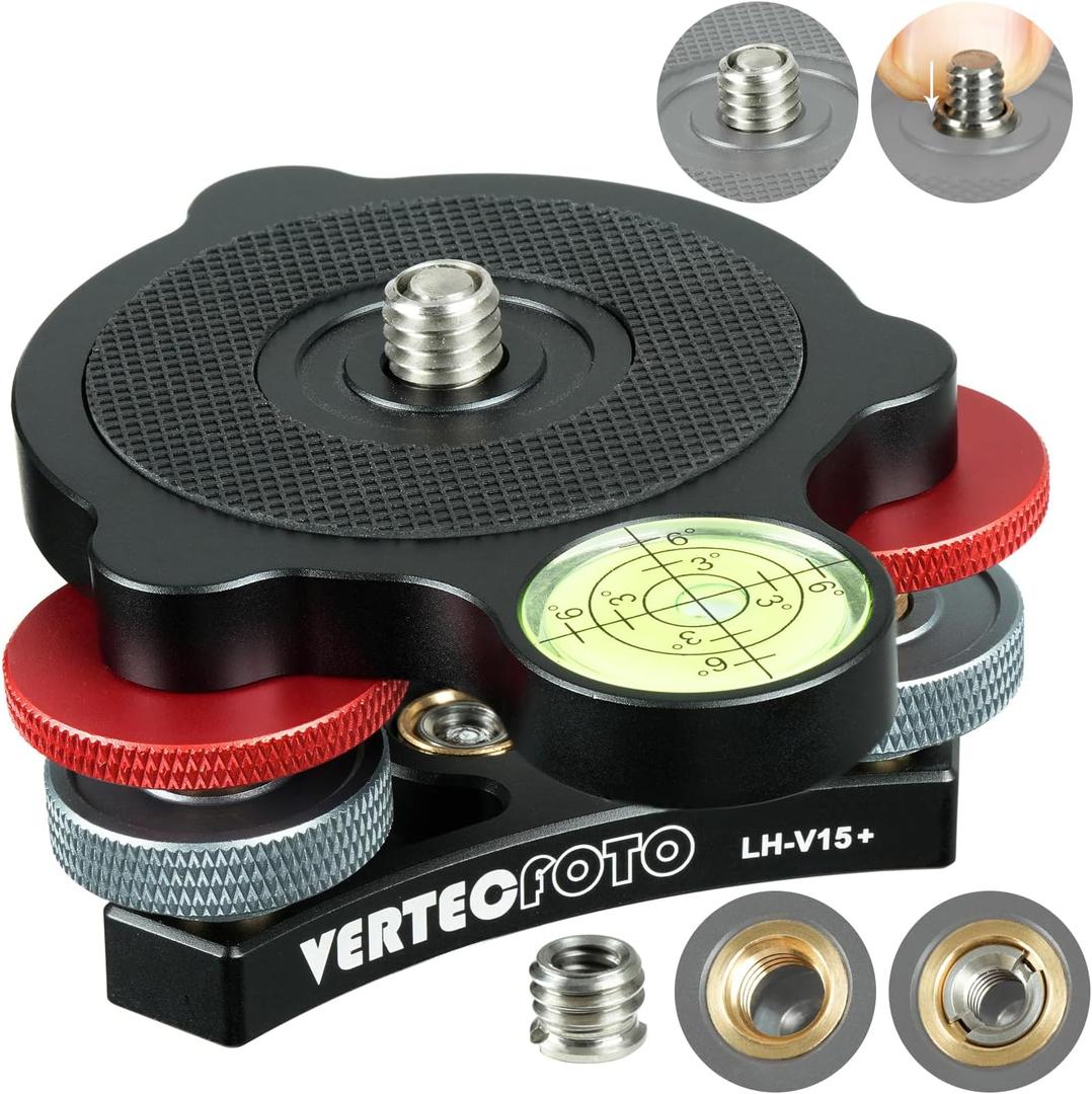 Upgraded+ Tripod Leveling Base :Support 1/4" and 3/8" Both on top and Bottom Bigger Bubble Level w/Crosshair, Fine Leveling Faster; Enlarged Lock knobs, Lock Easier,; Max Load 33 Ib