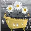 EOBTAIN Vintage Yellow Floral Canvas Wall Art Daisy Flower and Butterfly in the Bathtub Framed Wall Art for Bedroom, Bathroom, Living Room, 12x16 Inches (16L" x 12W")