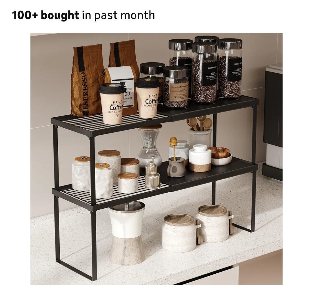 Expandable Cabinet Shelf Organizer, 2 Pack Stackable Kitchen Counter Shelf Riser, Metal Spice Rack Adjustable Heavy Duty Countertop Organizer Storage for Kitchen, Pantry, Cupboard, Rv (Black)