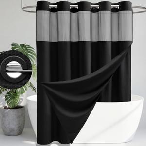 Dynamene Hook Free Stall Shower Curtain & Snap in Fabric Liner with Magnets, 60 Inch Wide Waffle Shower Curtains, Mesh Top Window, 3 in 1 Shower Curtain and Liner Set, 60" W x 75" L, Black