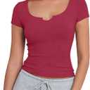 Artfish Women's Short Sleeve T-Shirts Form Fitting Ribbed Knit V Notch Scoop Neck Basic Crop Top (Medium, Burgundy)