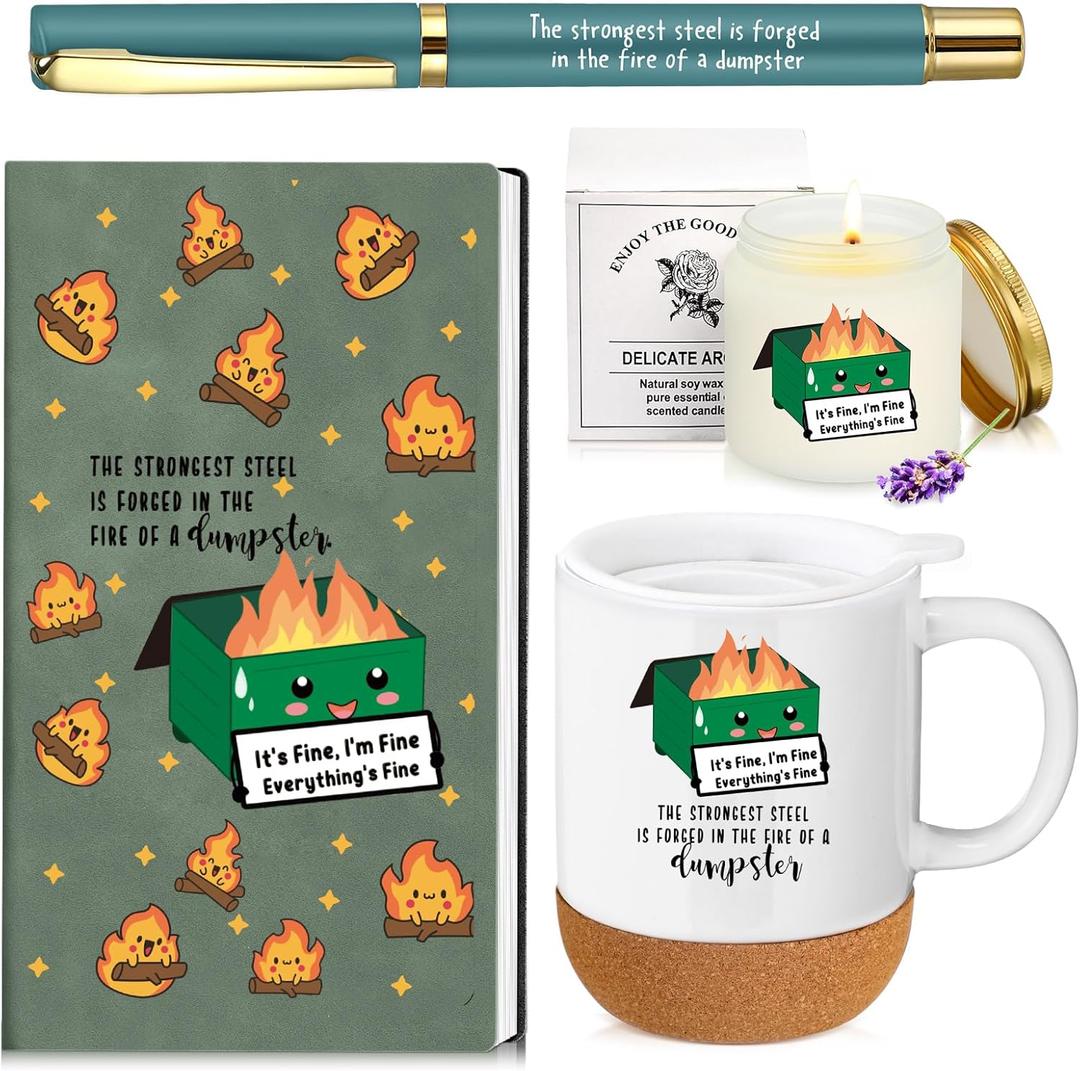 4 Pcs Funny Dumpster Gag Gifts Set for Coworker Employee Valentines Day Emotional Dumpster Notebook Mug Ballpoint Pen Scented Candle Appreciation Gift for Work Team Staff Teacher Nurse Boss (Green)