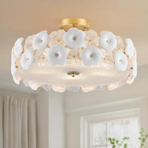 20" Gold Modern Semi Flush Mount Ceiling Light Fixture with Glass & Ceramic Flowers, 5-Light Glass Drum Chandelier for Living Room Dining Room Kitchen Bedroom Bathroom Entryway Hallway Closet Laundry
